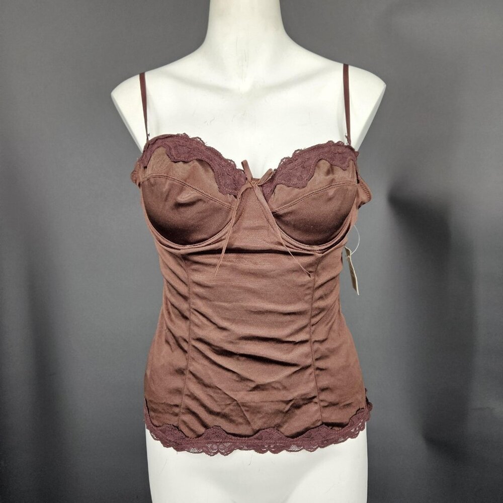 Satin Corset Top Womens L Brown Lace Ruched Bustier Cami Lingerie Coquette Y2K - Picture 1 of 11